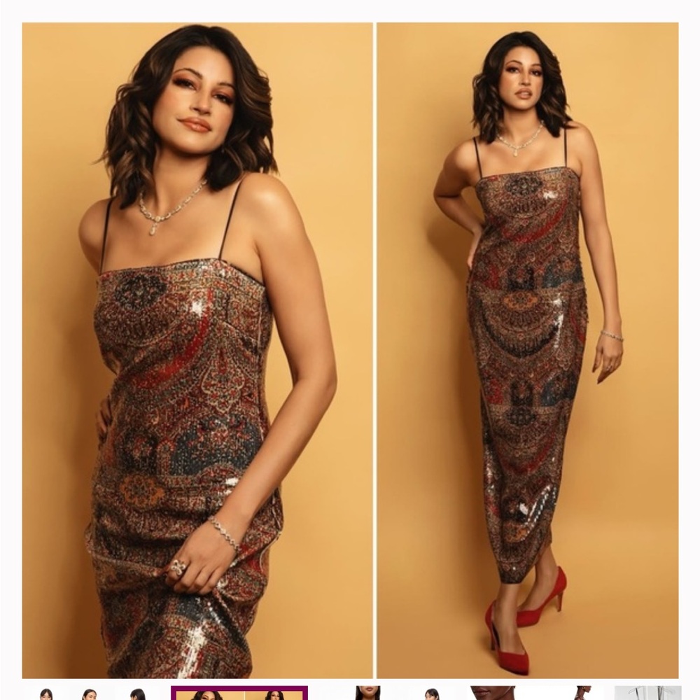 Veronica Beard Gold and Red Sequin Midi Dress - Picture 2 of 6